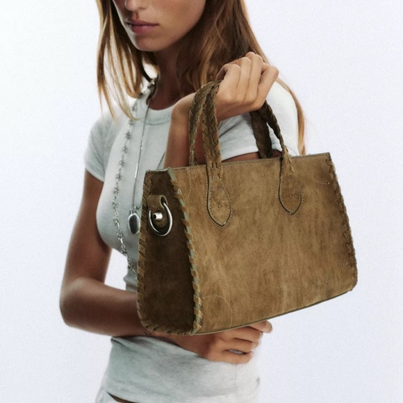 Zara NWT 100% genuine suede leather stitch handbag purse, detachable crossbody - Picture 2 of 5
